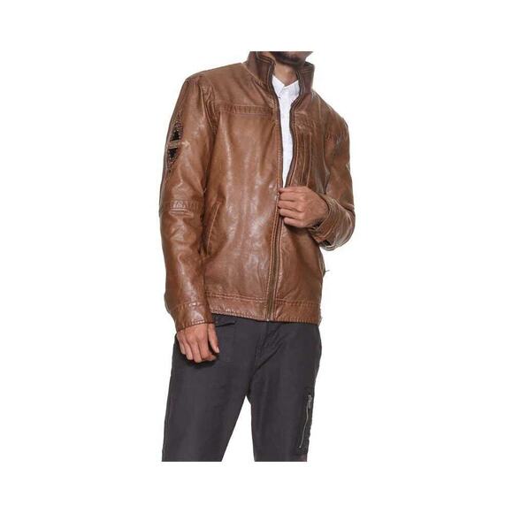 Desigual Chaq Alberto Full Zip Vegan Leather Jacket Long Sleeve Tan Size S NWT - Picture 1 of 14